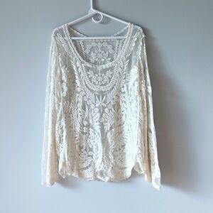 Lace See-Through Blouse Ivory Floral Scoop Neck Scalloped Hem Medium Large